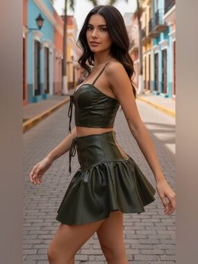 Olive Faux Leather Lace Up Bustier Top & Corset Ruffle Mini Skirt Set M